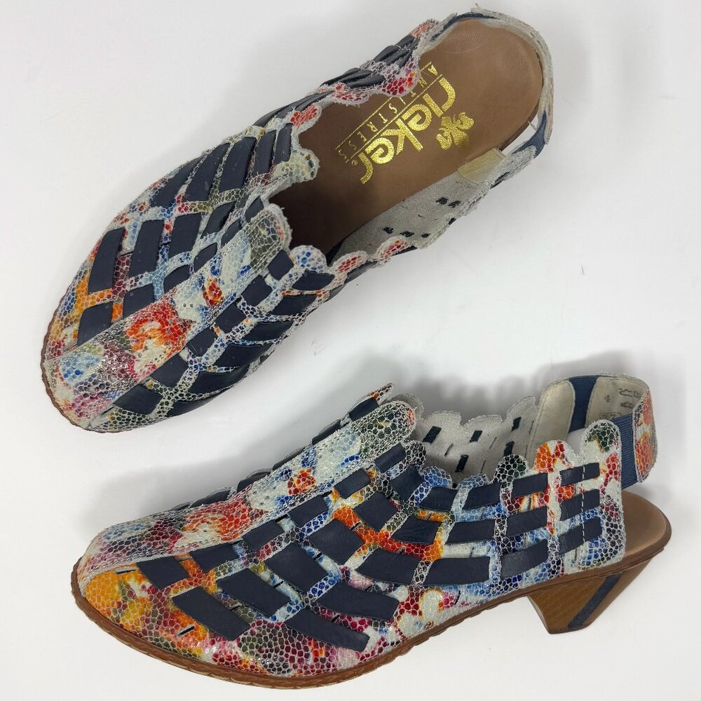Reiker Sina Multicolor Woven Leather Sling Back Heels EU 37